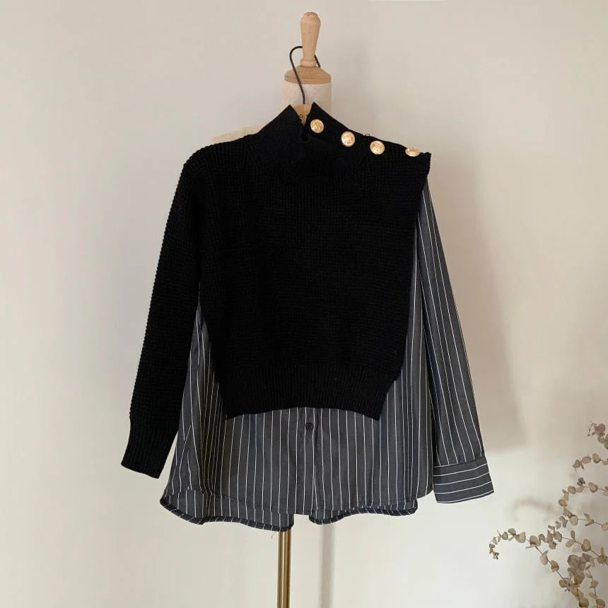 Korean Chic 2020 Autumn High Collar Side Buttons Fake Two-piece Shirt Stitching Striped Bubble Sleeve Sweater Blue women