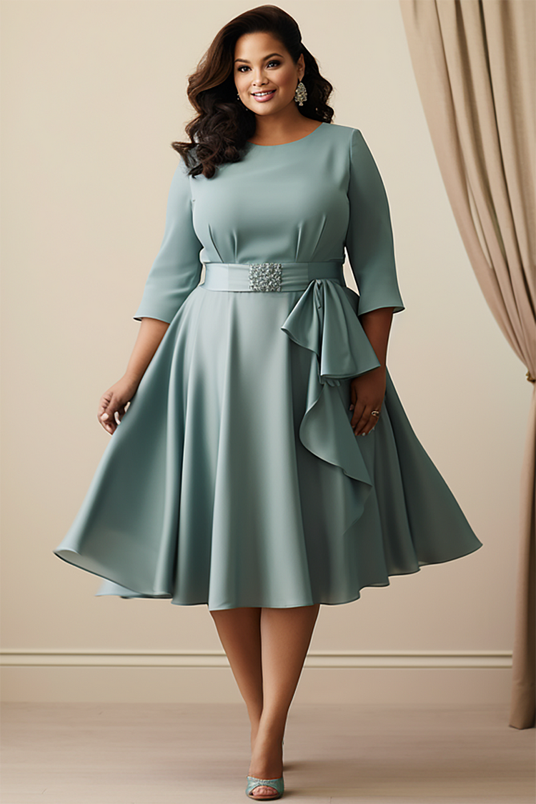 Xpluswear Design Plus Size Mother Of The Bride Green Round Neck 3/4 Sleeve Bow Tie Chiffon Midi Dresses 