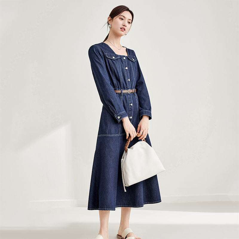 Usasaleprint Pure Color Long Sleeve Denim Dress Commute Square Collar Workwear Sle Midi Length Women's Dress Polyester Fiber H-Shape