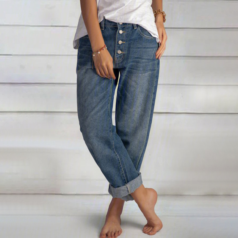 Cotton Loose Blue Casual Buttoned Jeans wearshes