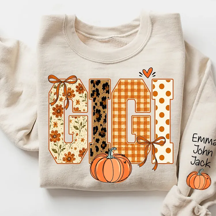 Personalized Fall Gigi Pumpkin Sweatshirt, Custom Grandkids Names Sleeve Shirt, Pepper Comfort Colors Multi Pattern Autumn Gigi Gift