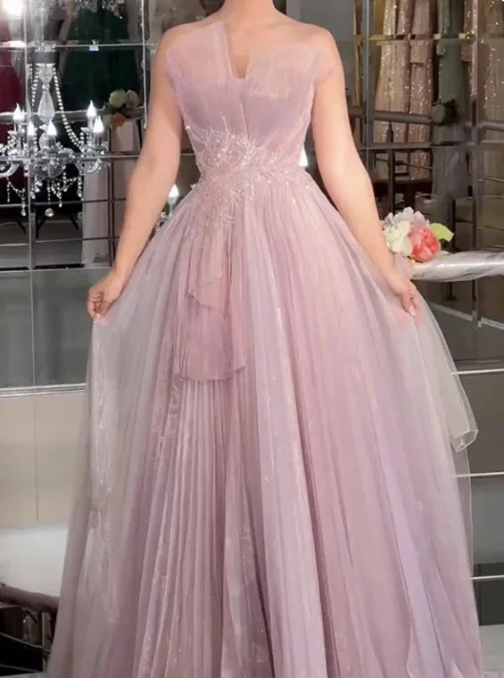 Gorgeous Light Pink 3-D Floral V-neck Strapless Appliques A-line Long Tulle Prom Dress, PD381996 main image 1