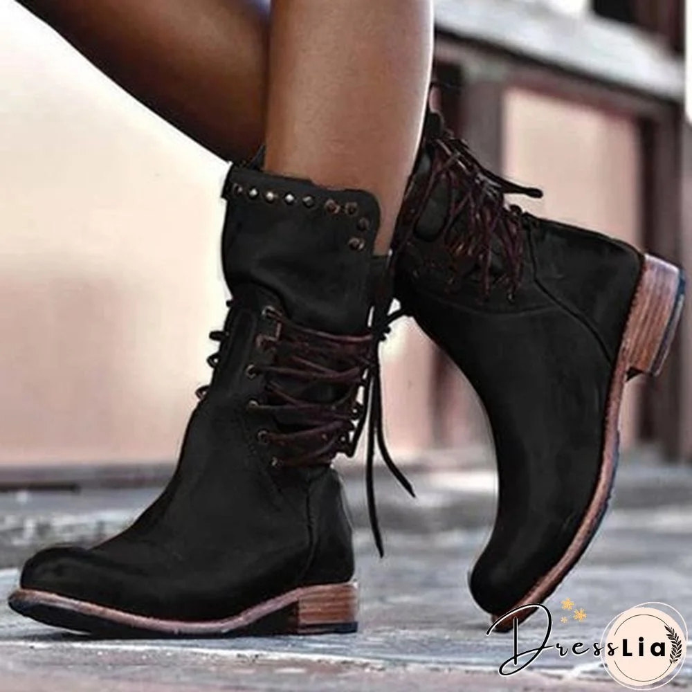 Low Heel Holiday Lace-Up Pu Boots