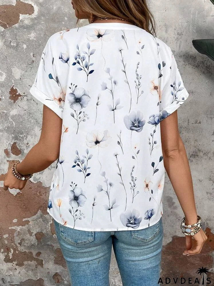 Women Summer Holiday Floral Print Notched V-Neck Short Sleeve Loose Shirt