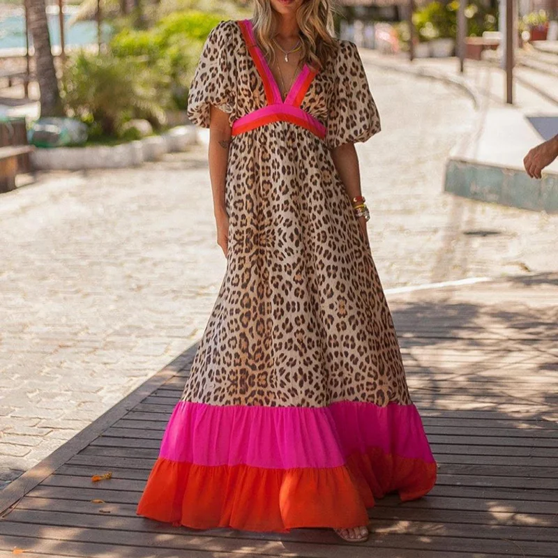 Loose Leopard Colorblock Maxi Dress