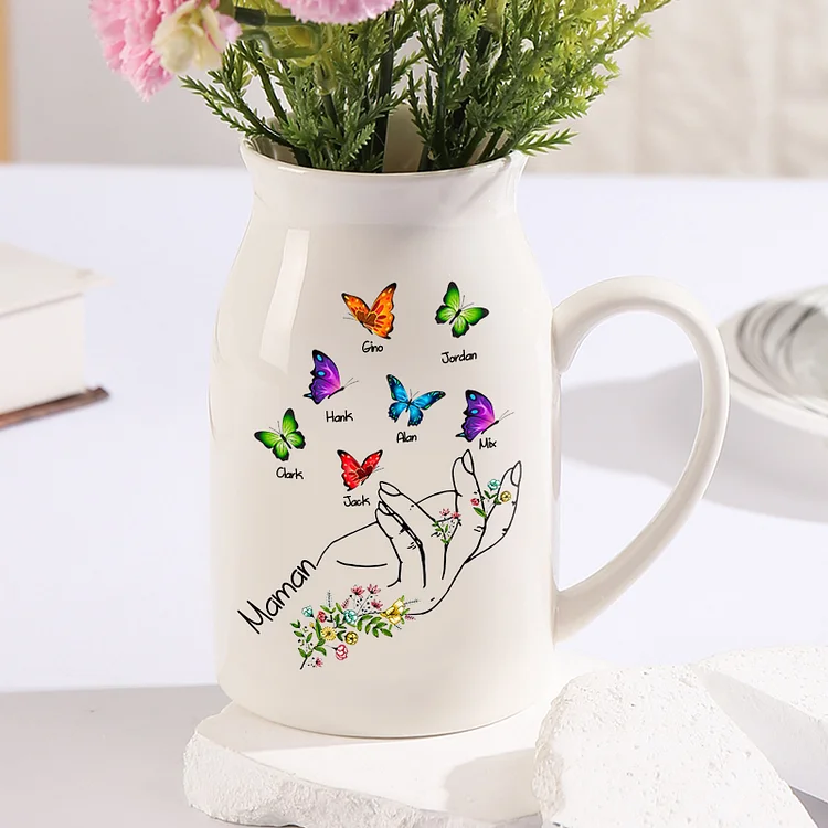 Vase à Fleurs Mains et Papillons 7 Prénoms Personnalisés avec Texte Décoration de la Maison Jessemade FR
