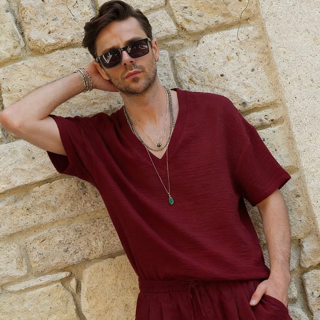 Men's V-Neck Linen T-Shirt-INSPIREUSE