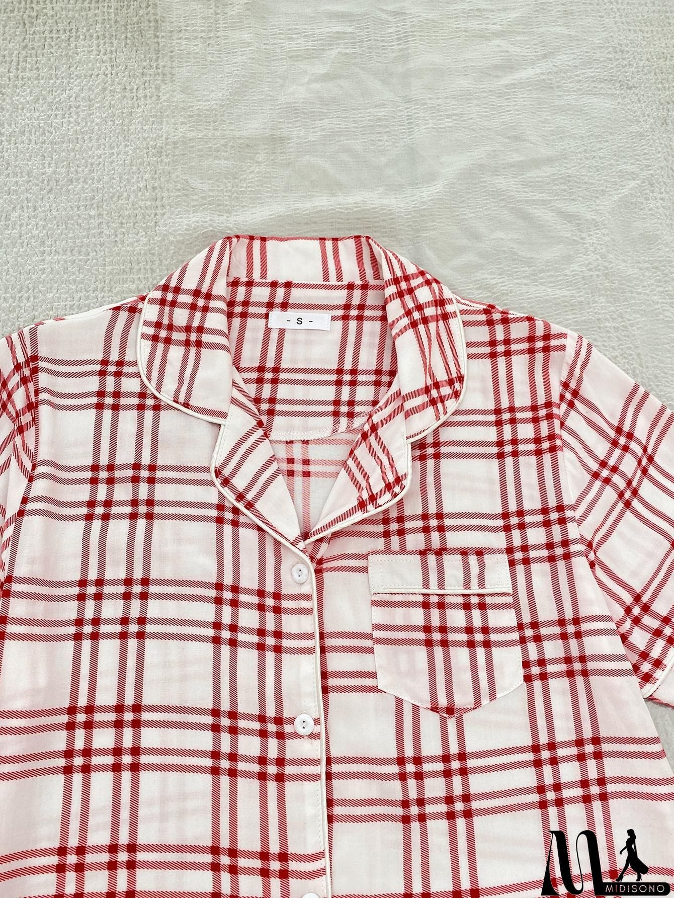MidiSono - Plaid Lapel Collar Shirt and Shorts Lounge Set