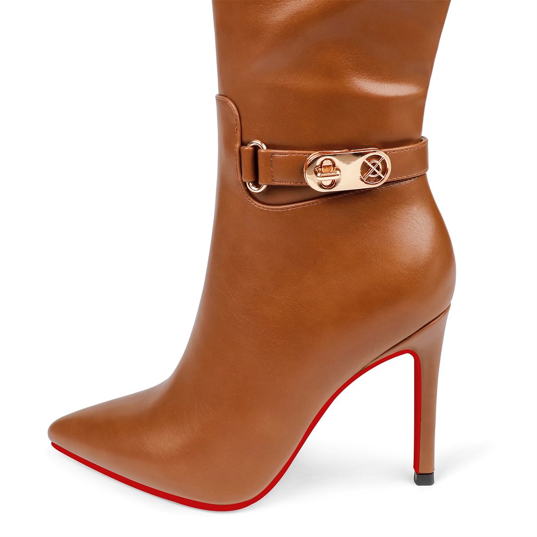100mm Fashion Zipper Red Bottoms High Heels Metal Buckle Knee Boots-vocosishoes