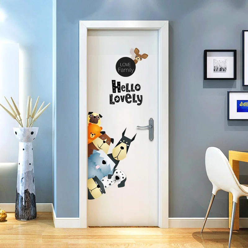 Cartoon Dogs Wall Stickers Lovely Family Vinyl Decals for Door Children Room Home Decor Door Sticker PVC Wall Decals/Adhesive