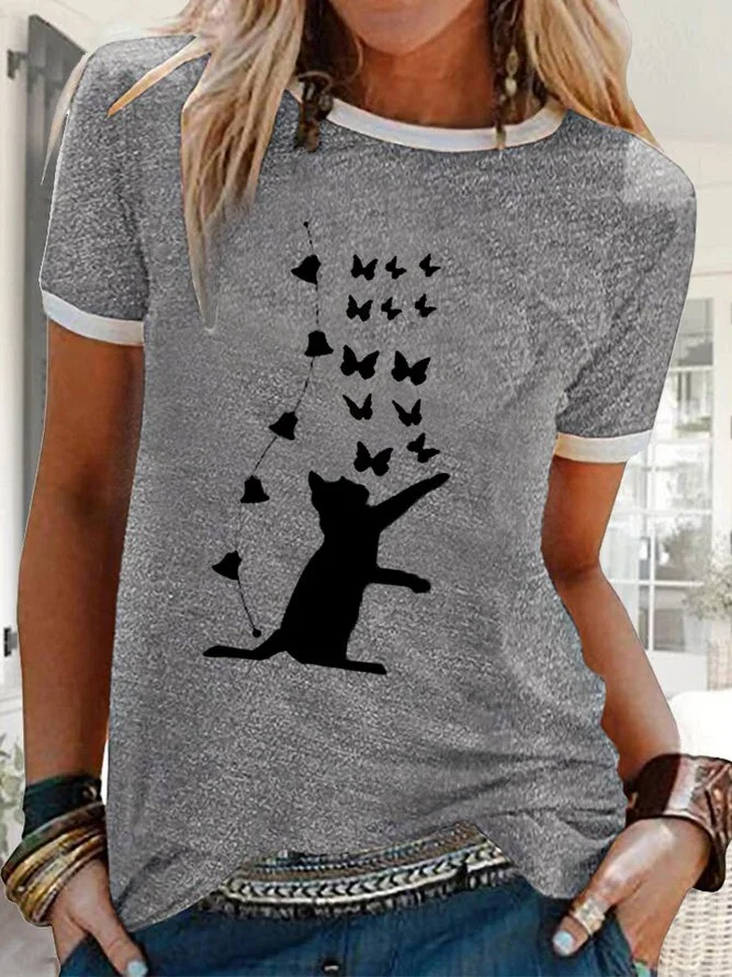 Printed Cotton-Blend Crew Neck Casual Shirts & Tops