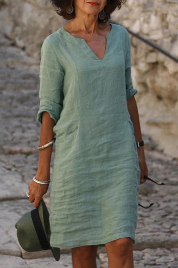 V-Neck Solid Vintage Long Sleeves Midi Dress Linen