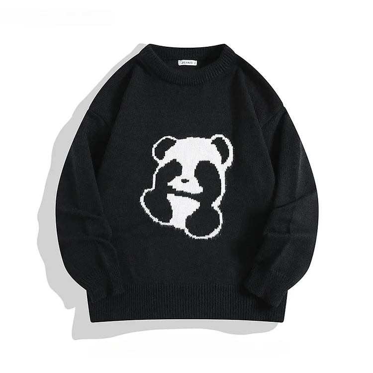 Demandernyc Men and Women Cartoon Panda Jacquard Sweaters Tops National Trendy Lazy Style Couple Casual Loose Versatile Pullovers Knitwear