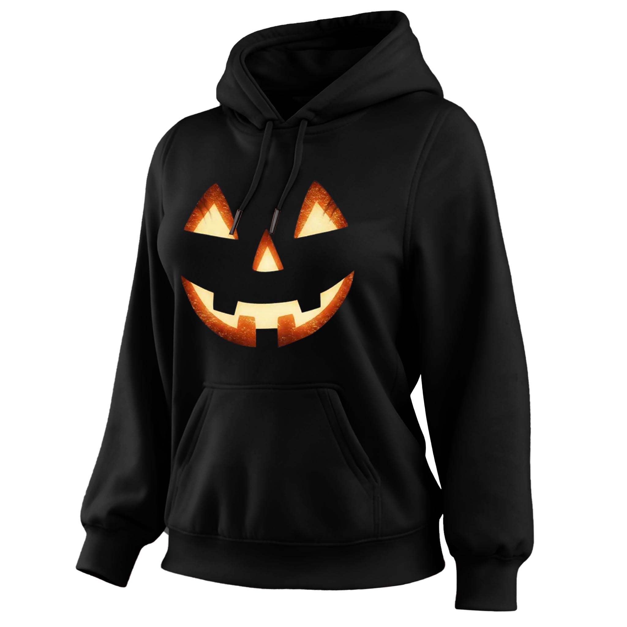 Women's Vintage Halloween Pumpkin Jack-O-Lantern Print Pocket Long-Sleeve Hoodie