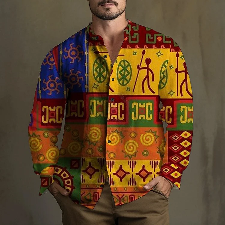 Men's Retro Tribal Geo Totem Pattern Long Sleeve Buttons Shirt