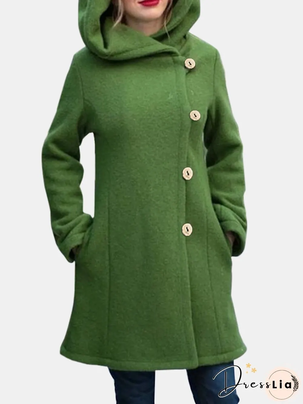 Solid Color Long Sleeves Hooded Warm Coat With Pocket For Women