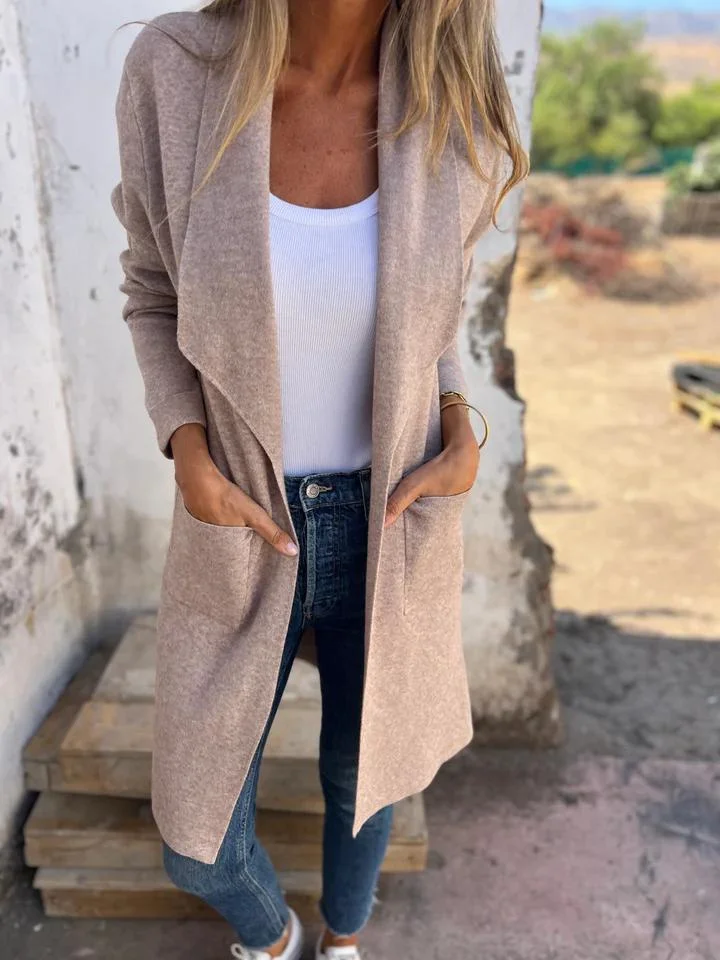 Women's Fall and Winter Lapel Long Knitted Cardigan Thin Tweed Jacket-JRSEE