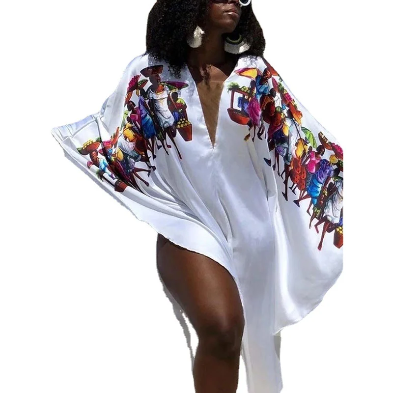 Uveng Uveng Summer African Fashion Digital Printed White Dress Loose Sexy Long Dress