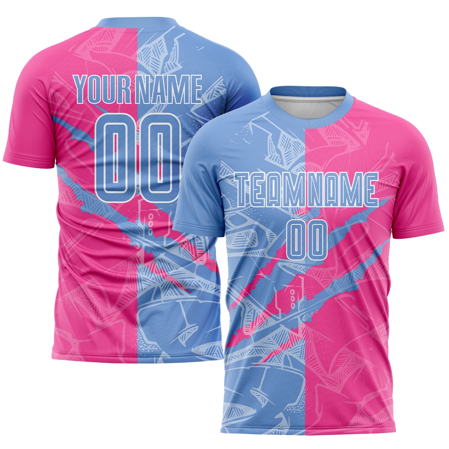 Custom Graffiti Pattern Light Blue-Pink Scratch Sublimation Soccer Uniform Jersey | captainssportss.com