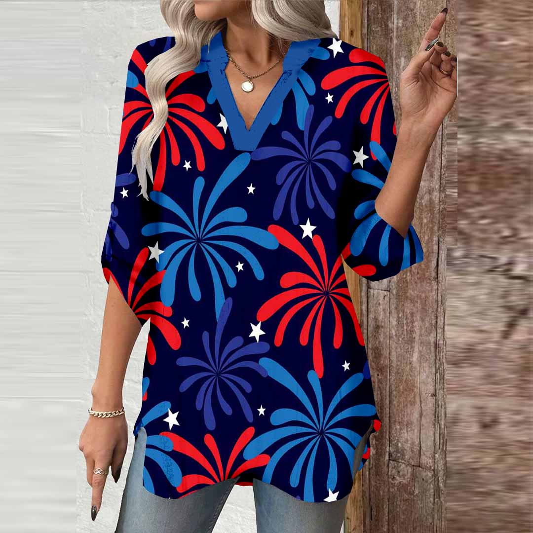 Women  Independence Day, Star, Striped, Blue, Red DZGA0233 3/4 Sleeve V-neck Printed Graphic Button Tops