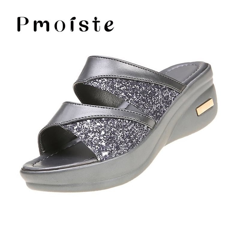 Women's sandals Platform 2020 New Rhinestone Peep toe Summer sandals for women Sexy Ladies Slides Wedges Female shoe Golden/Gray