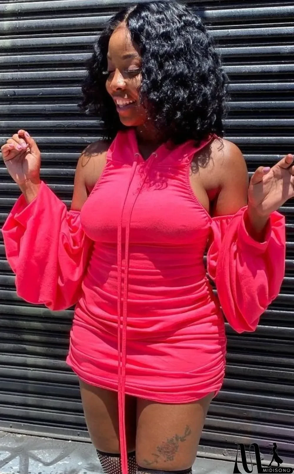 MidiSono - Autumn Sexy Pink Hollow out Ruffles Puffed sleeve Mini Dress