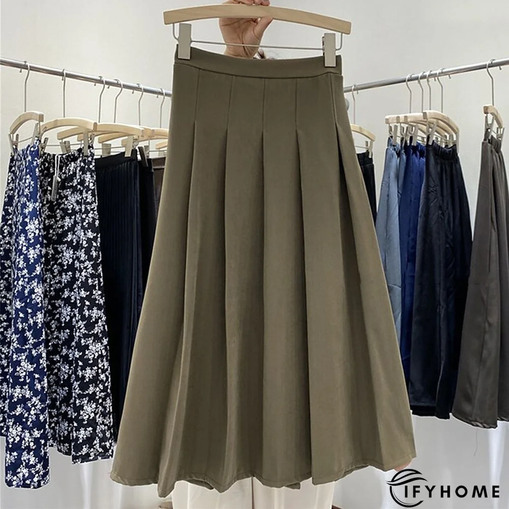Women's Skirt Midi Cotton Blend Light Khaki Black Navy Blue Brown Skirts Pleated Fashion Casual Daily Weekend One-Size | IFYHOME