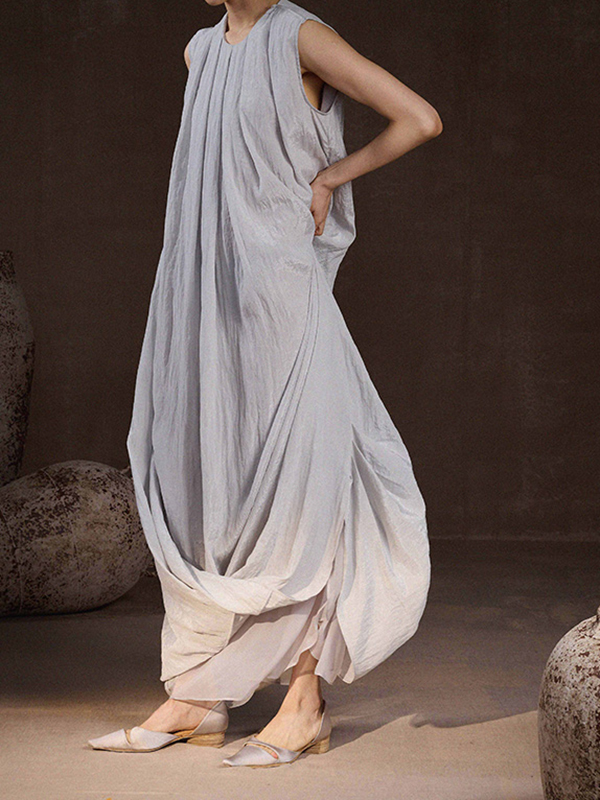 Loose Round Neck Sleeveless Ruched Cotton Linen Maxi Dress