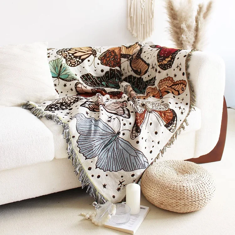 Olivenorma Apricot White Color Butterfly Boho Throw Blanket