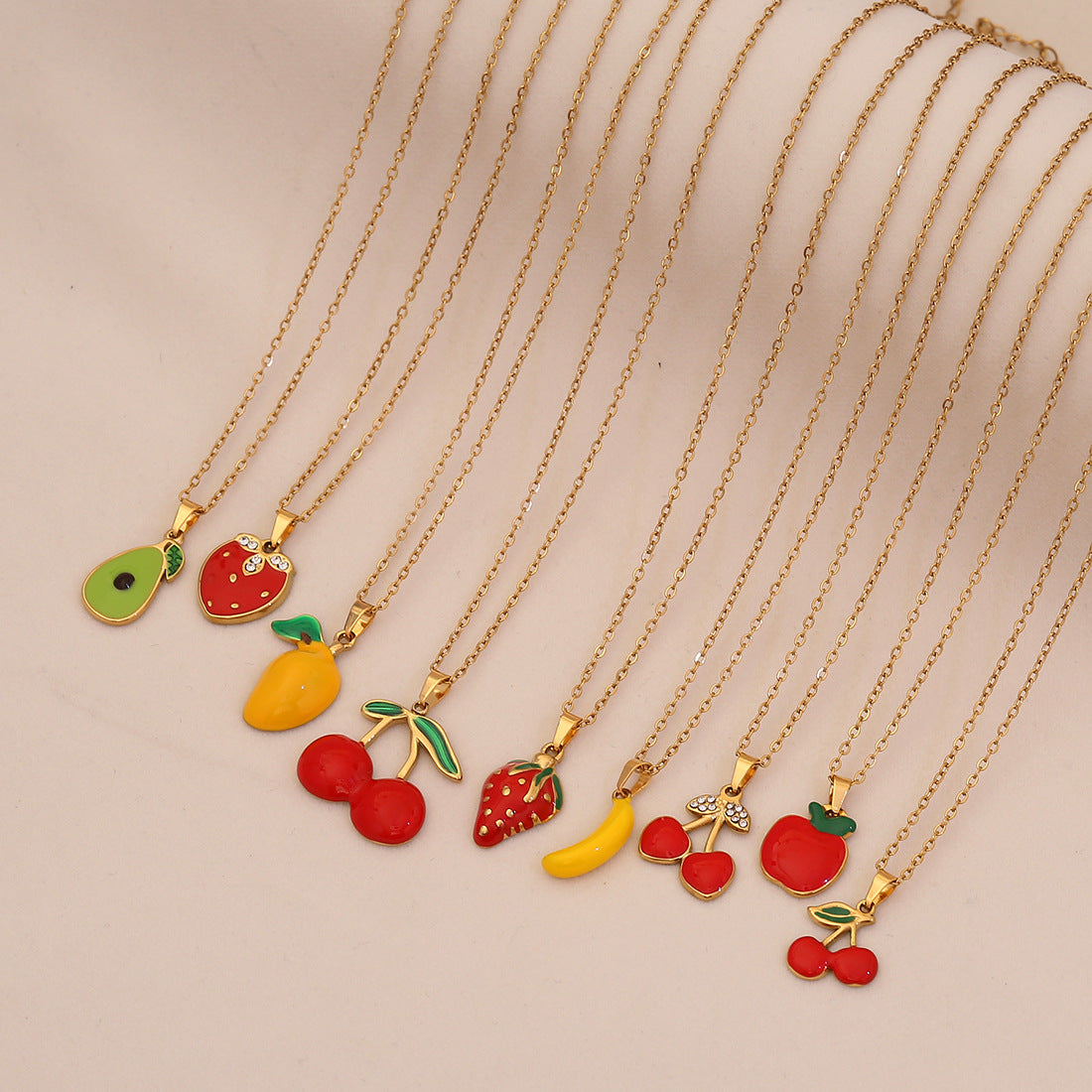 Fruit Series Cherry Strawberry Pendant Necklace Titanium Steel Banana Apple N1570