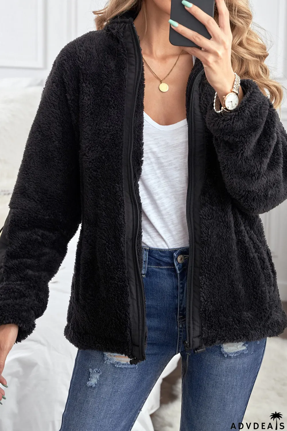 Zip Up Sherpa Coat With Pocket