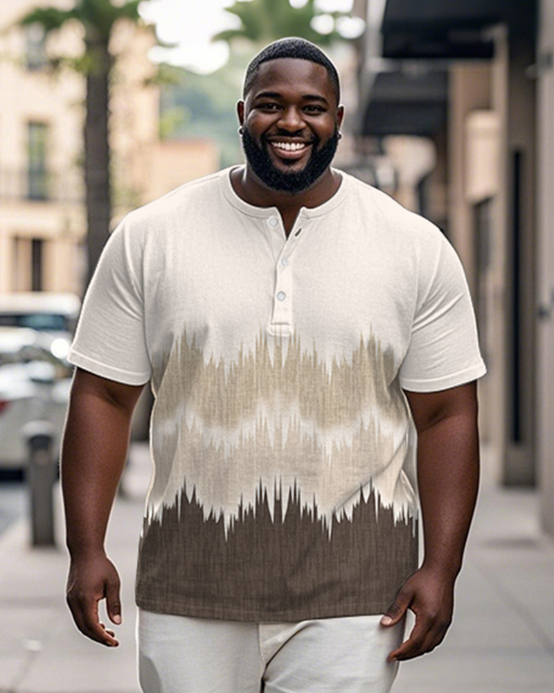 Men's Plus Size Daily Casual Brown Gradient Corrugated Print Henley Collar Button Short Sleeve Tee