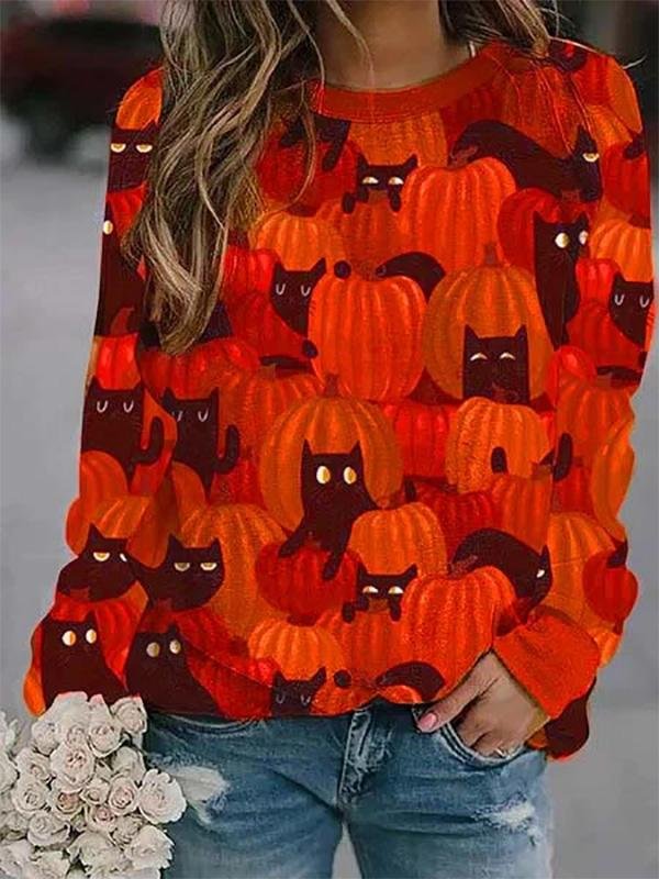 Halloween Cats Printed Casual Round Neck Long Sleeve Tops