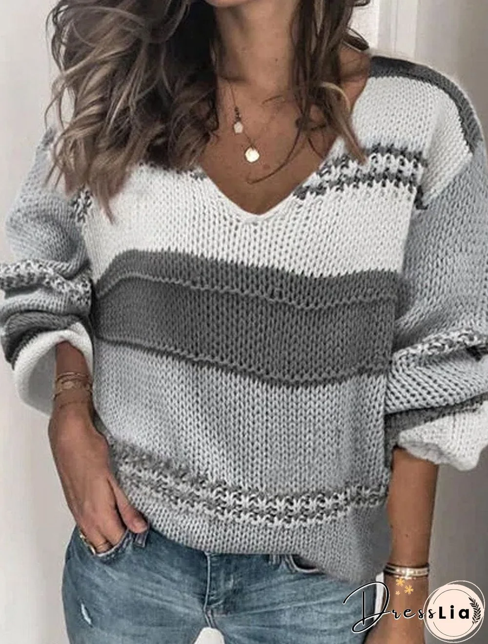 V-neck Striped Casual Knit Pullover
