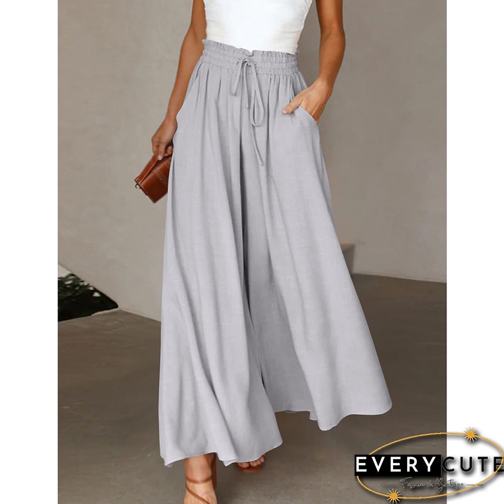 Light Gray Elatic Belt Wide Leg Long Culotte
