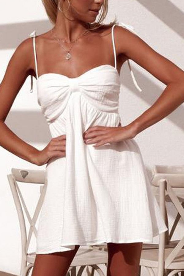 White Tie Shoulder Spaghetti Straps Mini Dress - Life is Beautiful for You - SheChoic