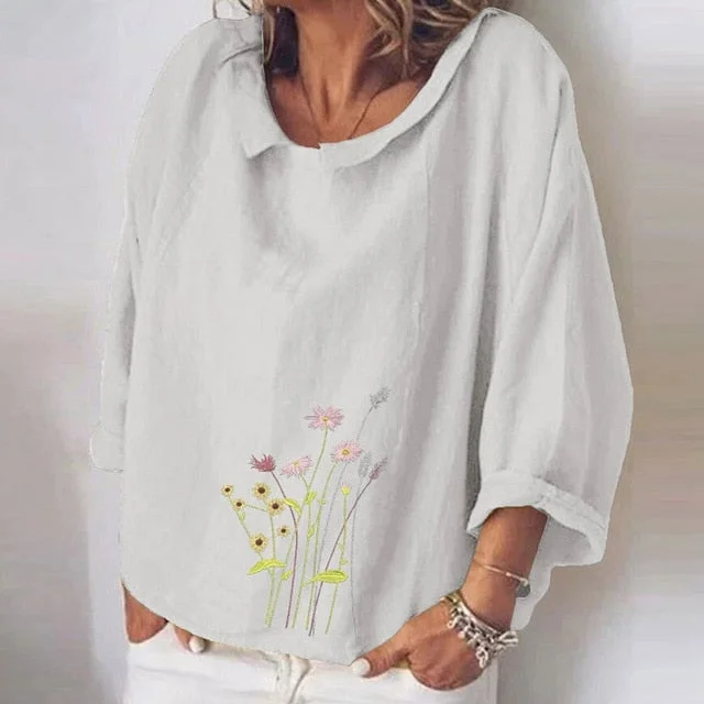 Cotton Linen Women Blouses Summer Long Sleeve Florals Animal Print Blouse Shirts Turn-down Collar Loose Female Blusa Tosp 5XL