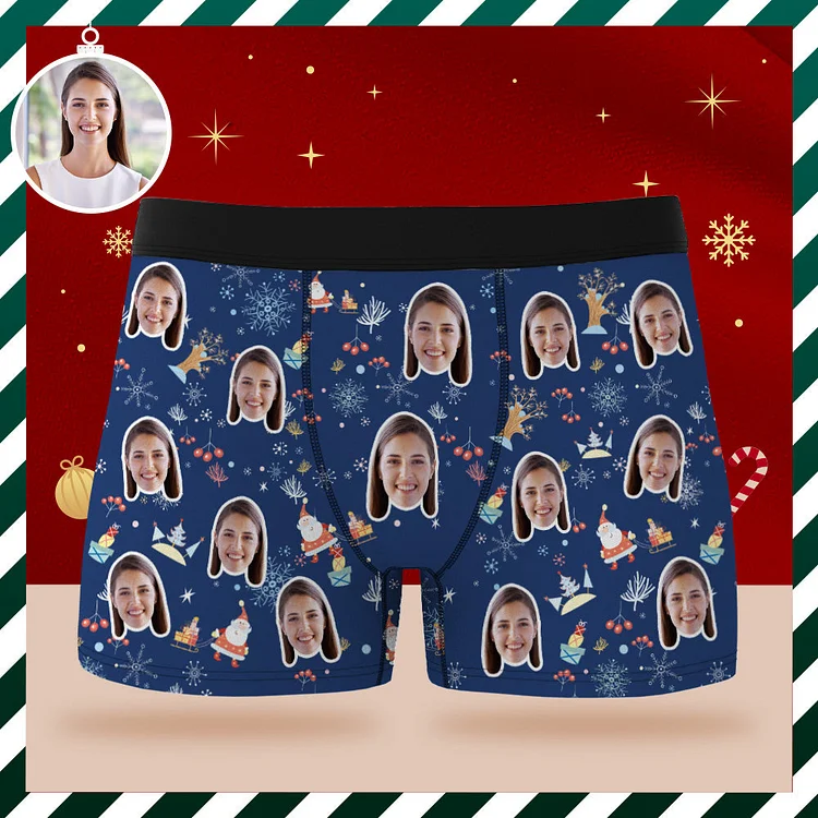 Custom Face Boxer Briefs Personalized Blue Underwear Santa Claus Merry Christmas Gift for Him