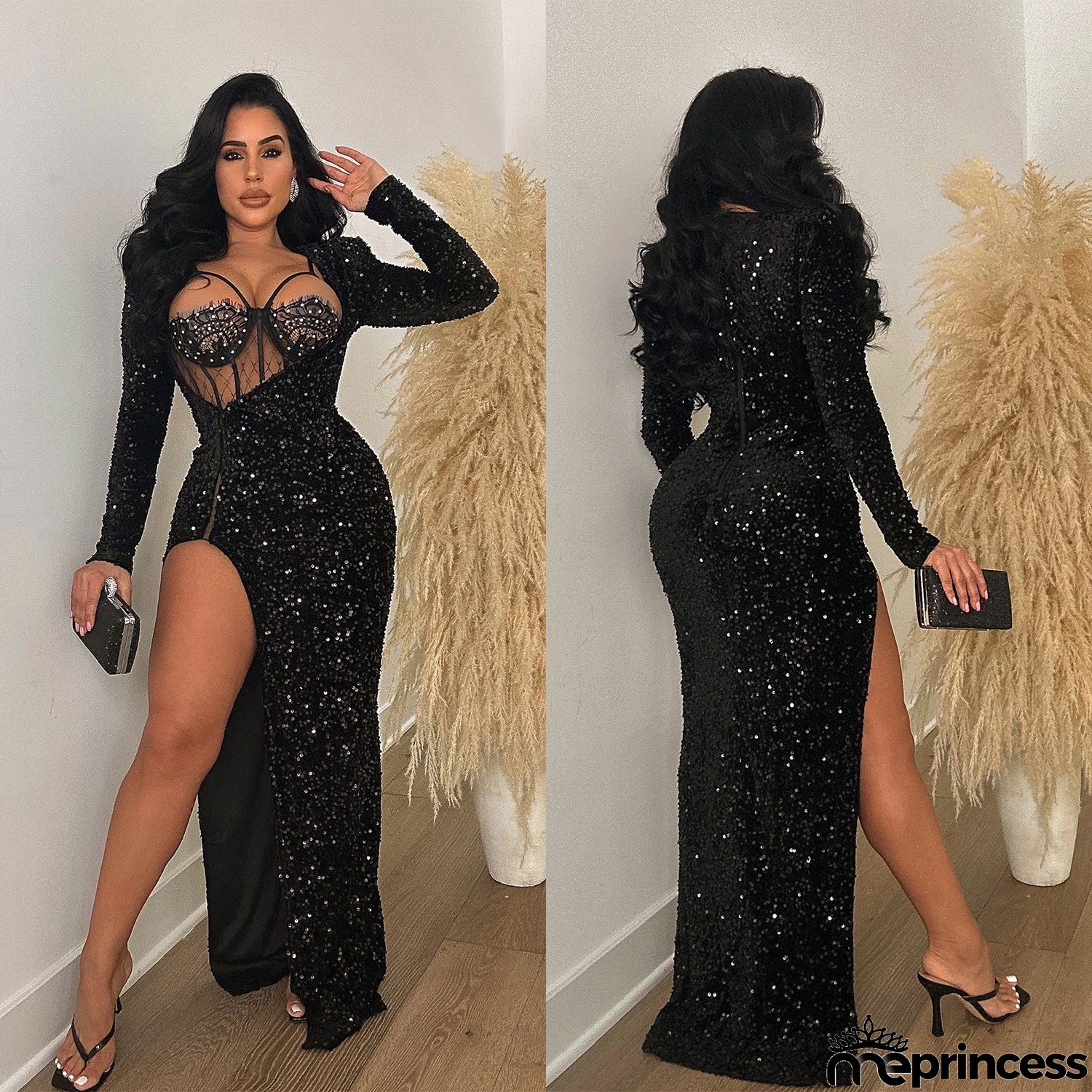 Solid Sequin Cape Long Sleeve Mini Dress