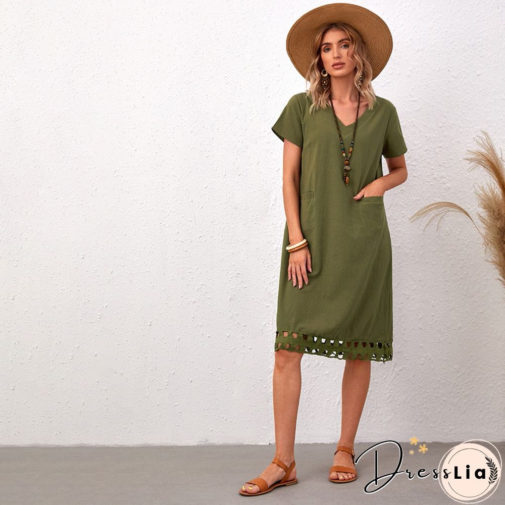 Fashionable And Versatile V-neck Short Sleeve Slim Solid Cotton Linen Dress