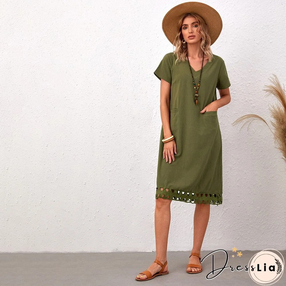 Fashionable And Versatile V-neck Short Sleeve Slim Solid Cotton Linen Dress