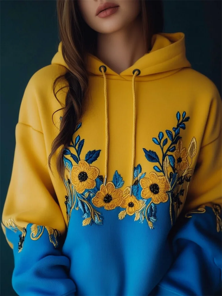 Ukraine Classy Floral Embroidered Contrast Color Hoodie