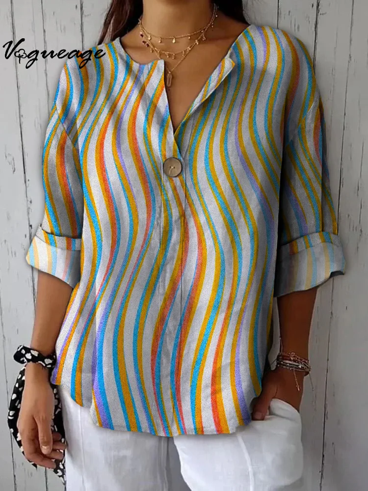 Fashionable Colorful Wavy Vertical Lines Printed Cotton And Linen Shirt