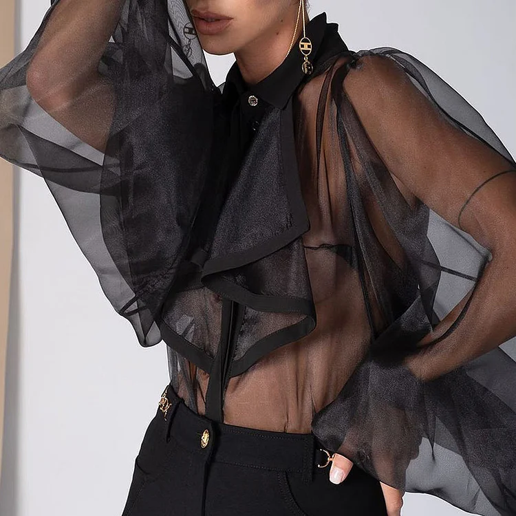 Fashion See-Through Shirt Collar Layered Puff Sleeve Button Blouse