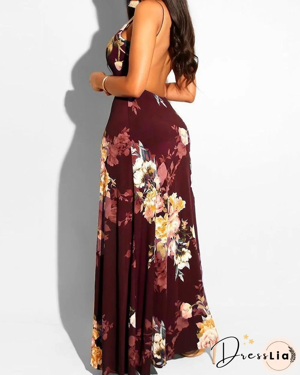 Floral Print Deep V-neck Romper Maxi Dress P11847