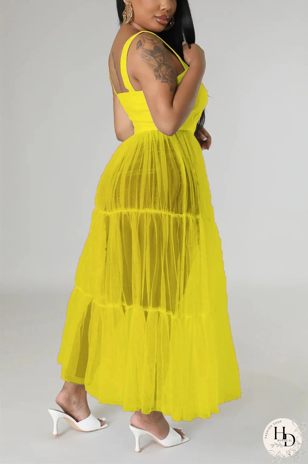 Yellow Casual Simplicity Solid Patchwork Fold Mesh Spaghetti Strap High Waist Tops