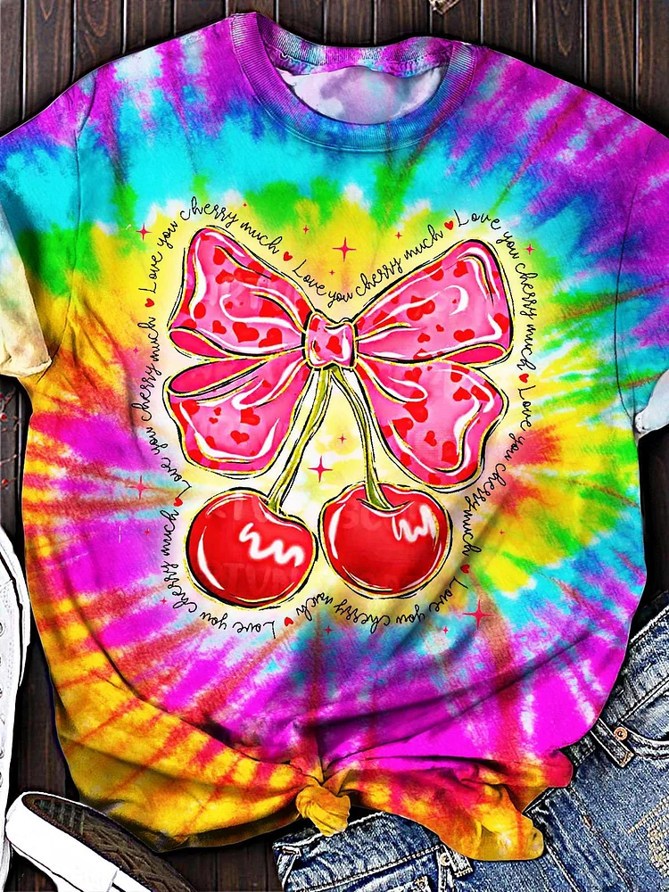 Women's Valentine's Day Love Cherry Print Crew Neck T-shirt