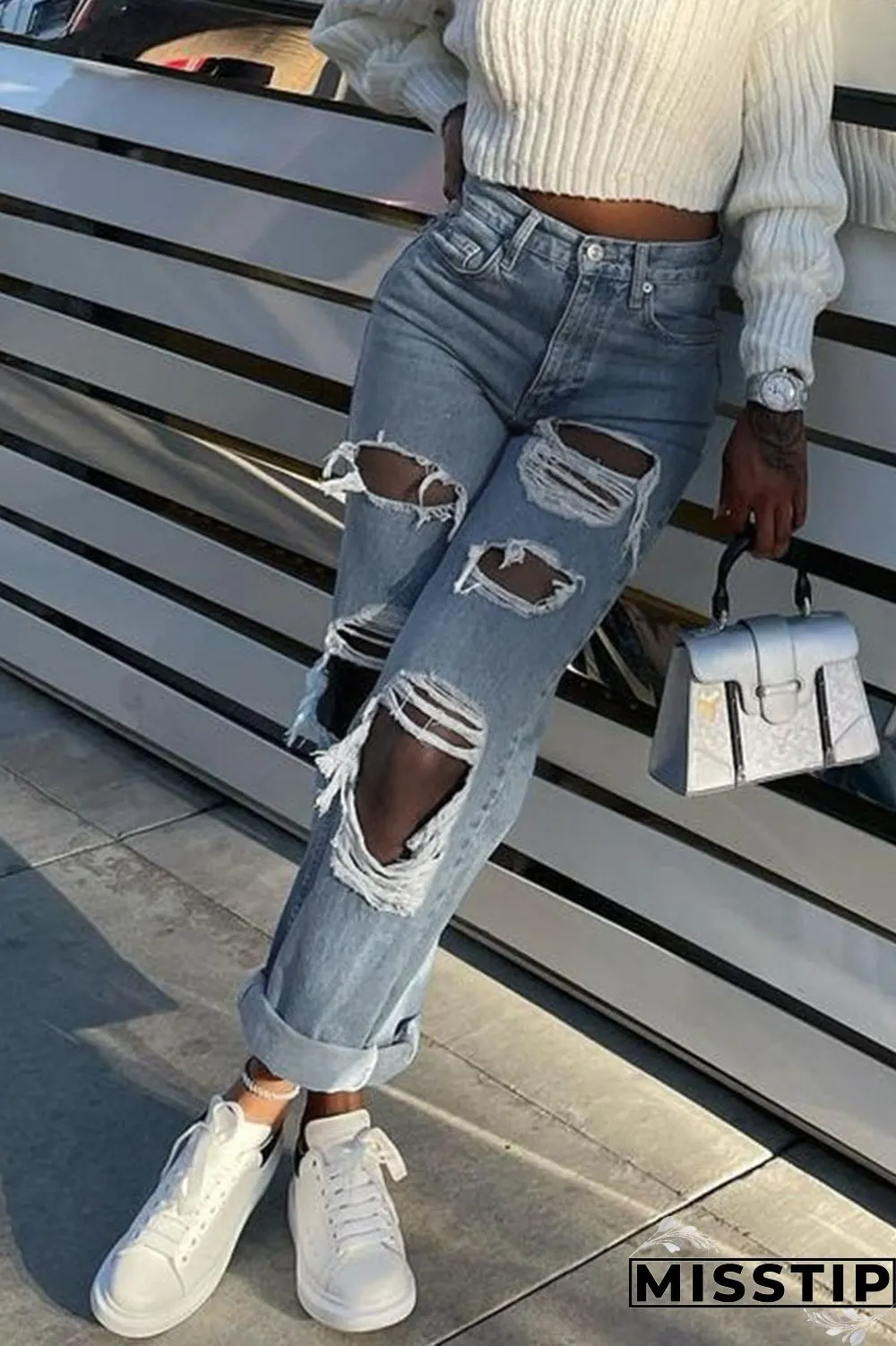 Blue Gray Street Solid Make Old Mid Waist Regular Denim