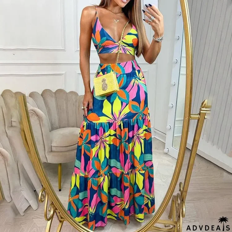 Women's Summer Print V-Neck Sling Chic Long Dress Two Piece Set