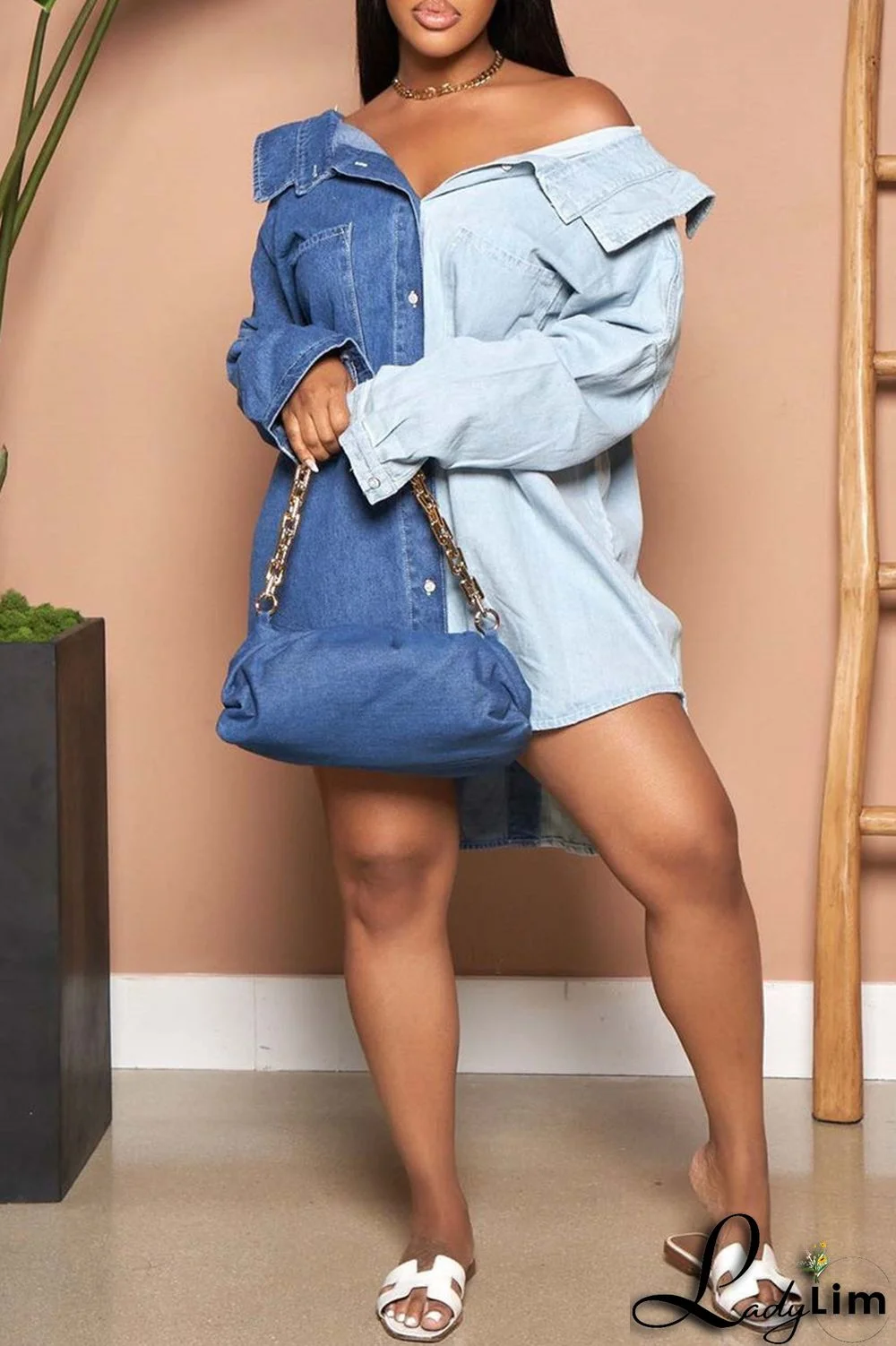 Blue Fashion Casual Solid Split Joint Turndown Collar Shirt Dress